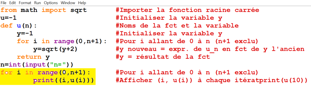 Suite numérique définie par un algorithme en fonction de $n$