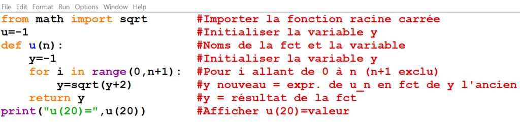 Suite numérique définie par un algorithme en fonction de $n$